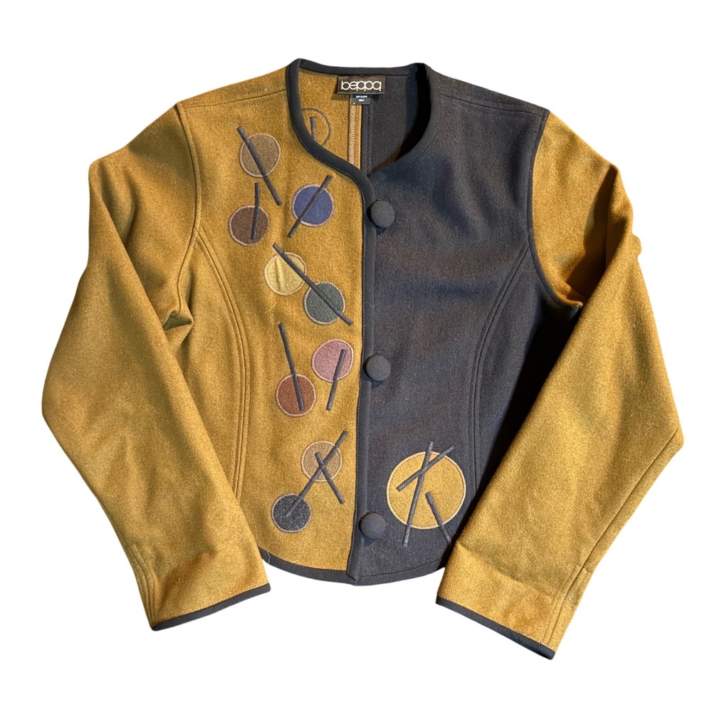 Beppa Pure Wool Applique Colorblock Jacket Womens Small Mustard Navy Art To Wear